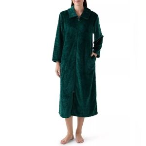 Miss Elaine Women's French Fleece Long Zip Robe In Emerald Green Size Medium NEW